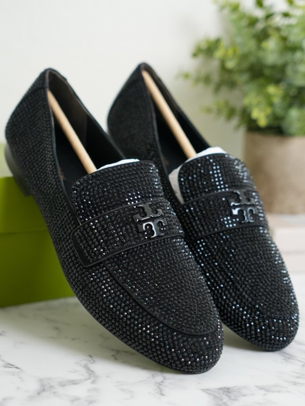 Tory Burch Mini Everly Rhinestone Loafers Crystal Flats in Perfect Black NIB